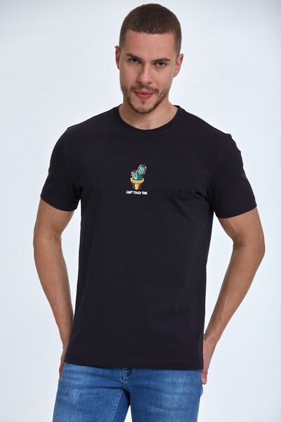 Cactus Embroidered Cotton Crew Neck T-Shirt - Thumbnail