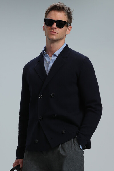 Elegant Men's Cardigan Navy Blue - Thumbnail