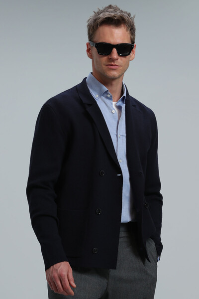 Elegant Men's Cardigan Navy Blue - Thumbnail