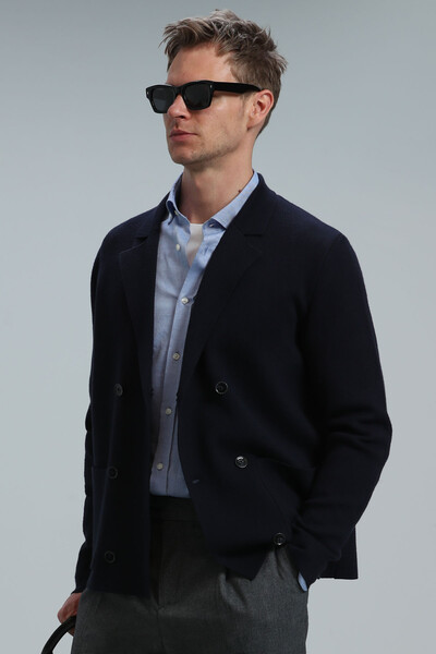 Elegant Men's Cardigan Navy Blue - Thumbnail