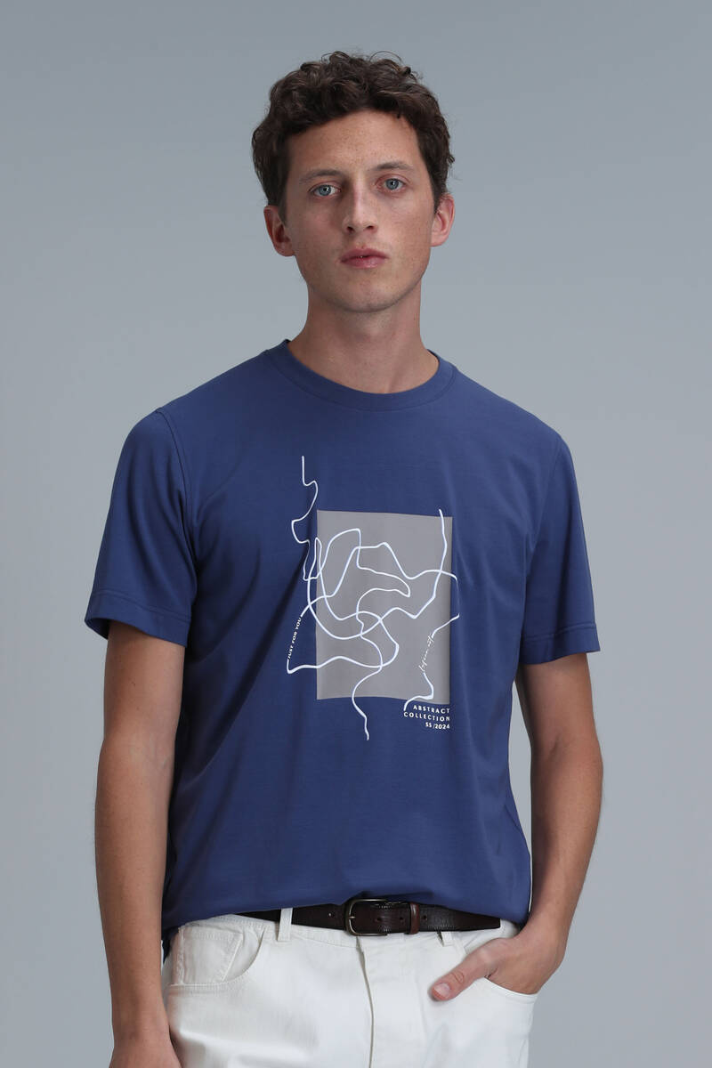 Nally Modern Grafik T-Shirt Koyu Saks - 1