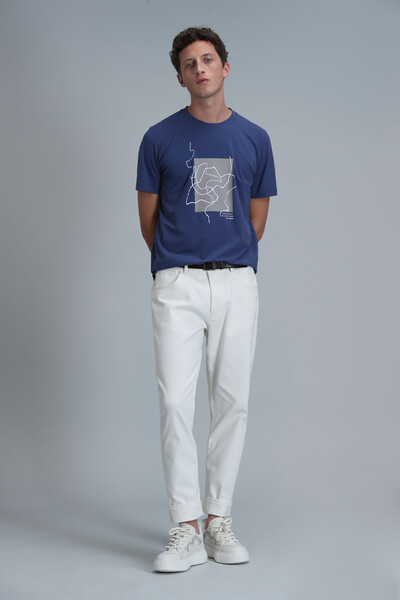 Nally Modern Grafik T-Shirt Koyu Saks - 3