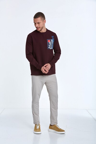 Pattern Bisiklet Yaka Erkek Sweatshirt Bordo - Thumbnail