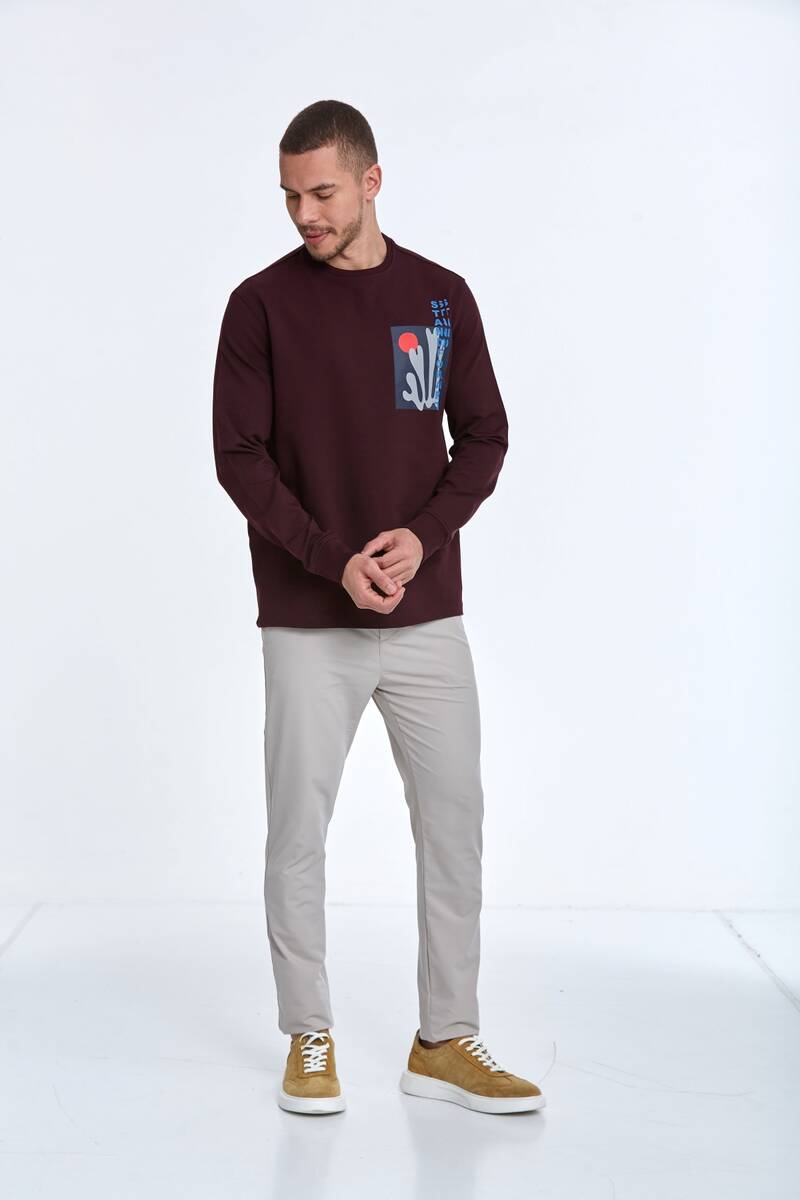 Pattern Bisiklet Yaka Erkek Sweatshirt Bordo