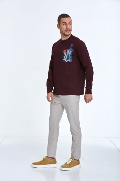 Pattern Bisiklet Yaka Erkek Sweatshirt Bordo - Thumbnail