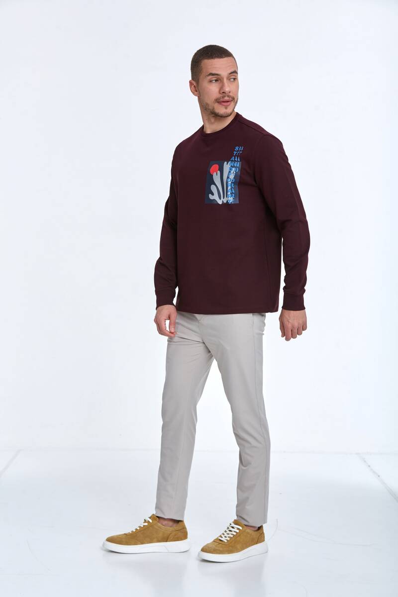 Pattern Bisiklet Yaka Erkek Sweatshirt Bordo