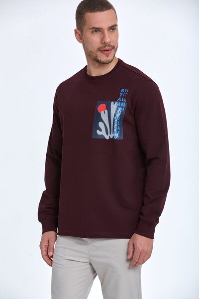 VOLTAJ - Pattern Bisiklet Yaka Erkek Sweatshirt Bordo