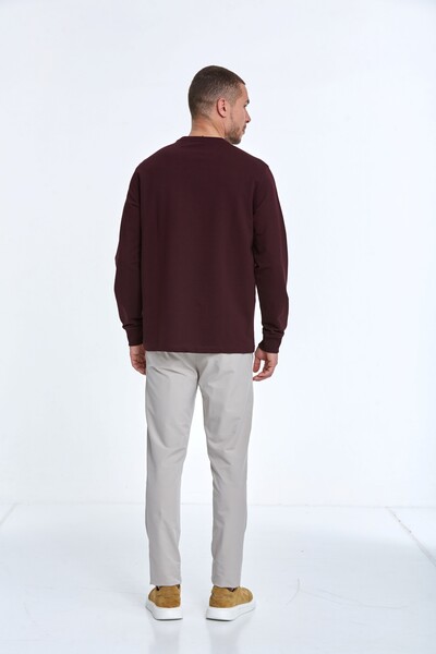 Pattern Bisiklet Yaka Erkek Sweatshirt Bordo - Thumbnail