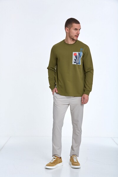 VOLTAJ - Pattern Bisiklet Yaka Erkek Sweatshirt Haki (1)