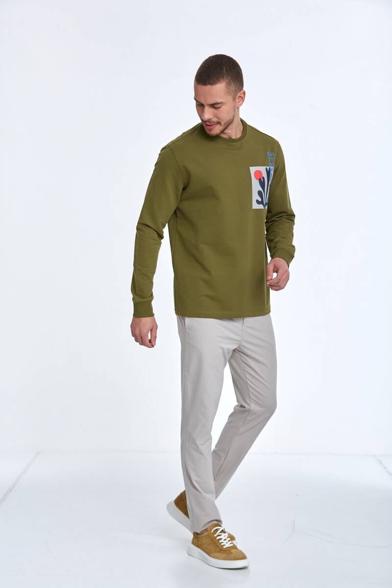 Pattern Bisiklet Yaka Erkek Sweatshirt Haki