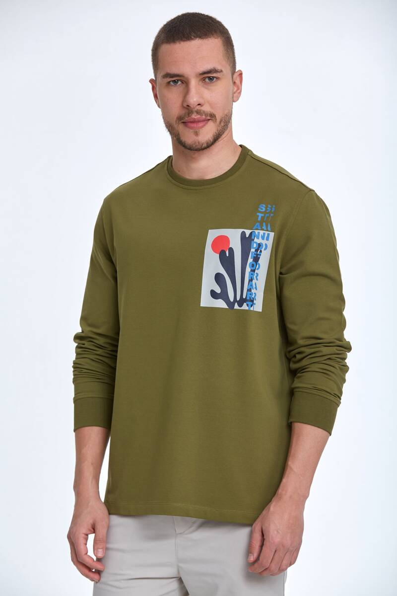 Pattern Bisiklet Yaka Erkek Sweatshirt Haki