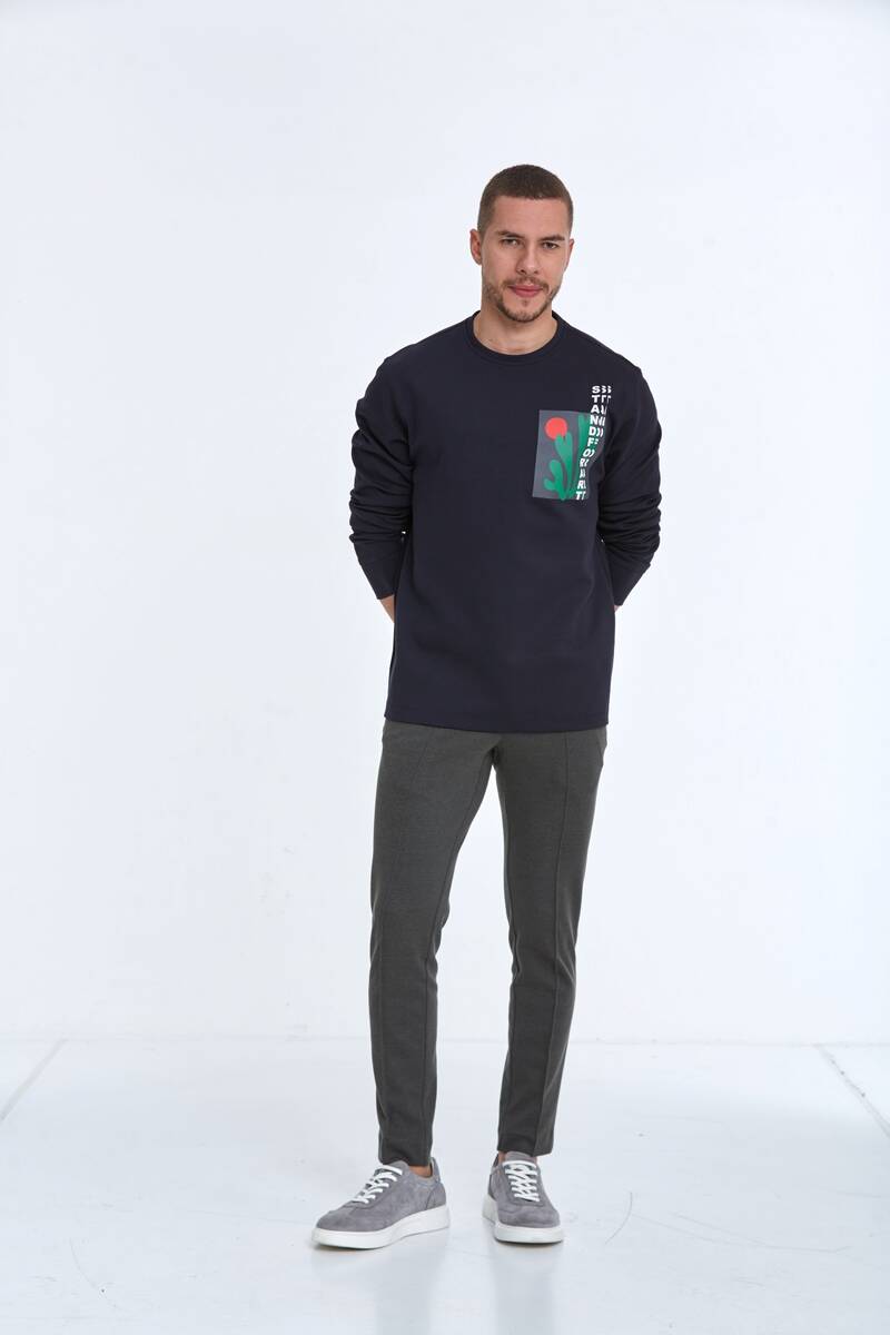 Pattern Bisiklet Yaka Erkek Sweatshirt Lacivert