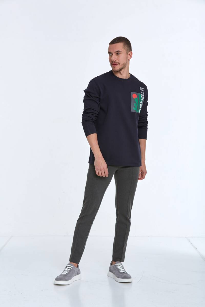 Pattern Bisiklet Yaka Erkek Sweatshirt Lacivert