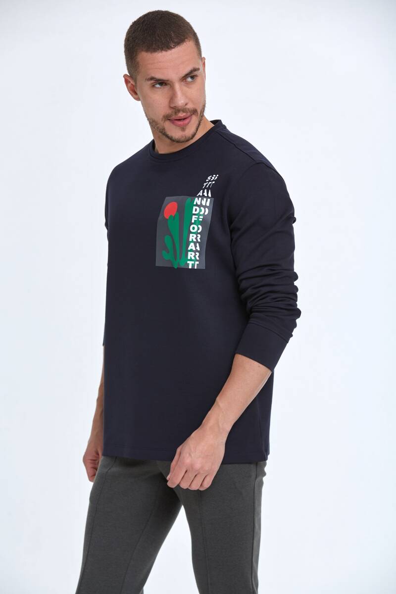 Pattern Bisiklet Yaka Erkek Sweatshirt Lacivert