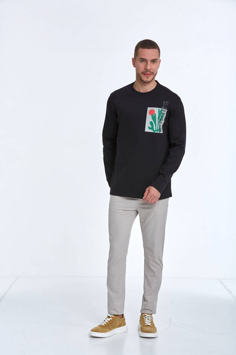 Pattern Bisiklet Yaka Erkek Sweatshirt Siyah