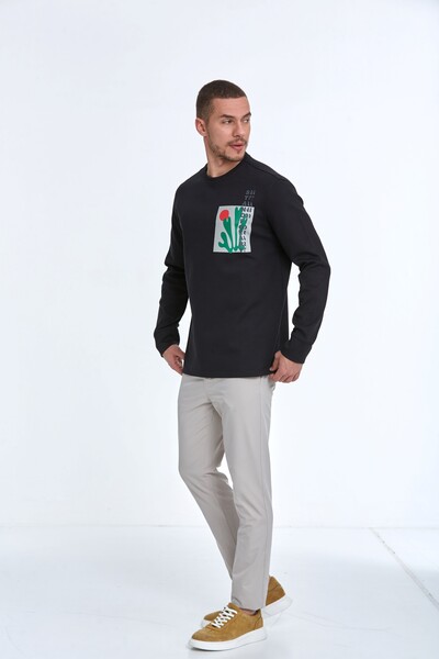 Pattern Bisiklet Yaka Erkek Sweatshirt Siyah - Thumbnail