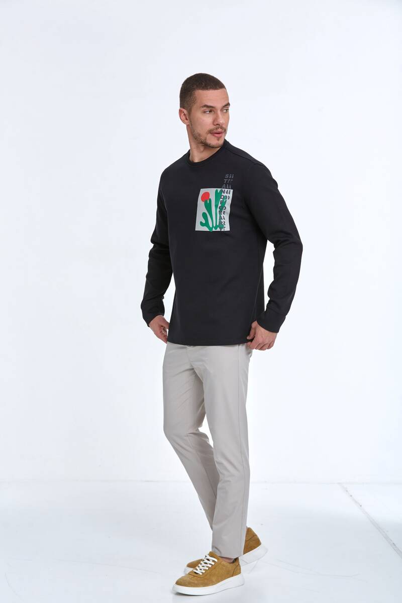 Pattern Bisiklet Yaka Erkek Sweatshirt Siyah