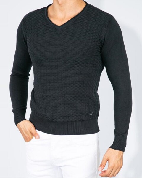 Patterned Coated V Neck Cotton Men's Knitwear Sweater - Thumbnail