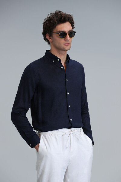 Pitaya Men's Linen Shirt Comfort Fit Navy Blue - Thumbnail