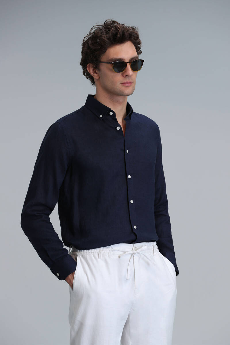 Pitaya Men's Linen Shirt Comfort Fit Navy Blue