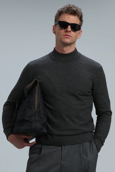 Port Half Fisherman Men's Sweater Anthracite - Thumbnail