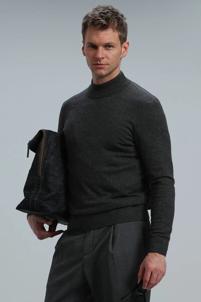 Port Half Fisherman Men's Sweater Anthracite - Thumbnail