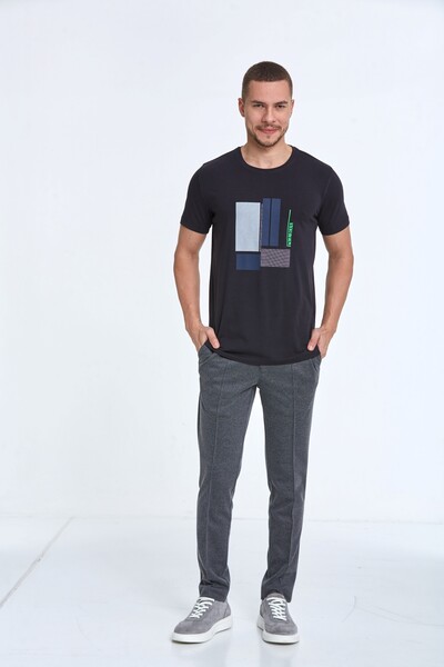 Rectangle Printed Cotton Crew Neck T-Shirt - Thumbnail