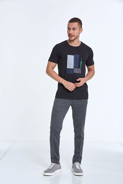 Rectangle Printed Cotton Crew Neck T-Shirt - Thumbnail