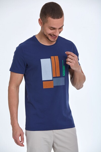 Rectangle Printed Cotton Crew Neck T-Shirt - Thumbnail