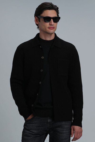 Solid Men's Cardigan Black - Thumbnail