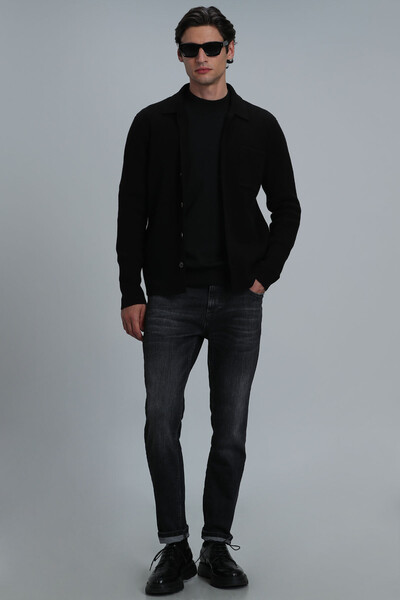 Solid Men's Cardigan Black - Thumbnail