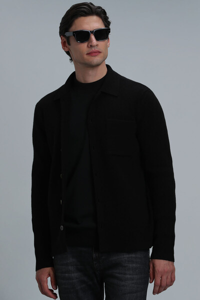 Solid Men's Cardigan Black - Thumbnail