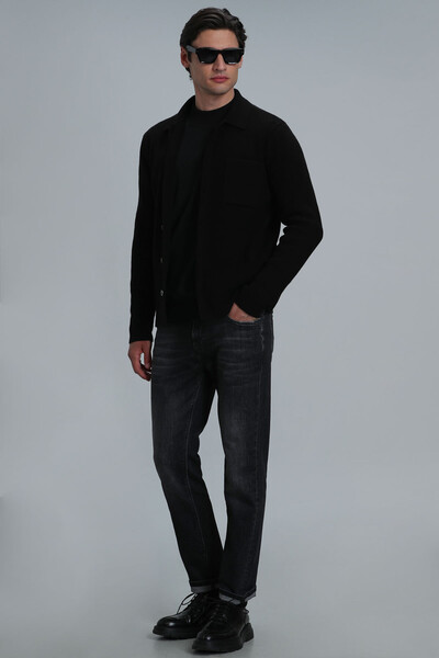 Solid Men's Cardigan Black - Thumbnail