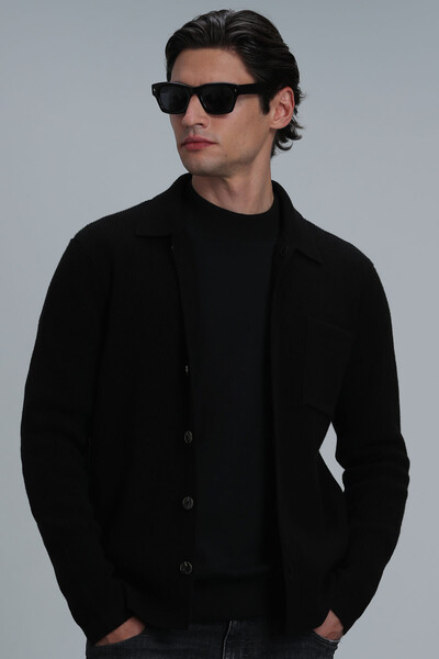 Solid Men's Cardigan Black - Thumbnail