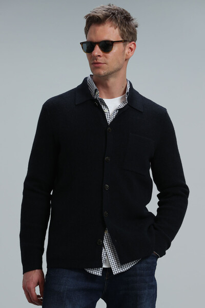 Solid Men's Cardigan Navy Blue - Thumbnail