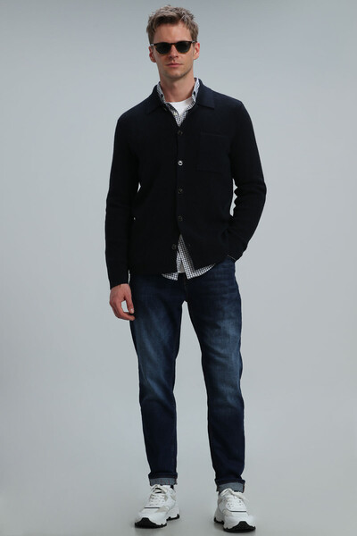 Solid Men's Cardigan Navy Blue - Thumbnail