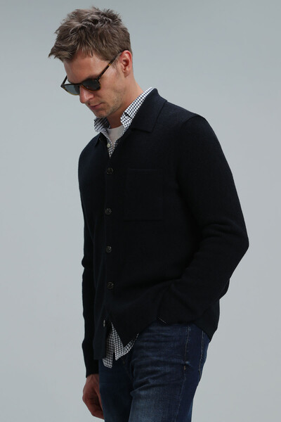 Solid Men's Cardigan Navy Blue - Thumbnail