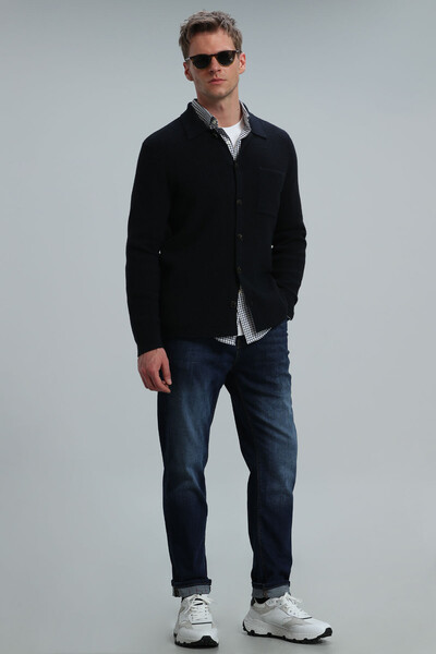 Solid Men's Cardigan Navy Blue - Thumbnail