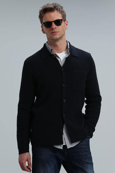 Solid Men's Cardigan Navy Blue - Thumbnail