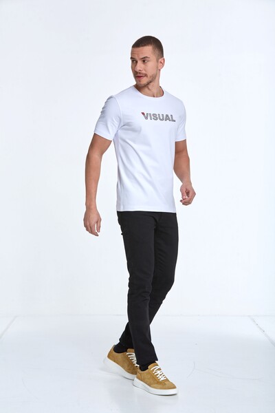 Visual Printed Cotton Crew Neck T-Shirt - Thumbnail